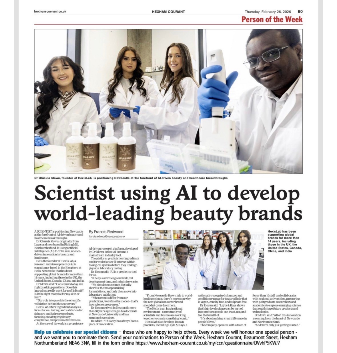 Hexis Labs CEO featured as Entrepreneur Person of the Week in regional newspaper